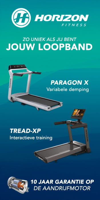 Horizon Fitness-merkbanner met een blauwgroene achtergrond. Bovenaan in het midden staat de tekst 'Net zo uniek als jij. Jouw loopband.' Linksonder staan ​​vier verschillende productafbeeldingen van de Tread-XP loopband, met de tekst 'Tread-XP: Interactieve trainingservaring dankzij een 24-inch Full HD touchscreen.' Rechts staan ​​vier verschillende afbeeldingen van de Paragon X loopband, met de tekst 'Paragon X: Innovatieve AirTrain-technologie voor variabele demping'. De knop 'Ontdek meer' bevindt zich in de rechterbovenhoek.